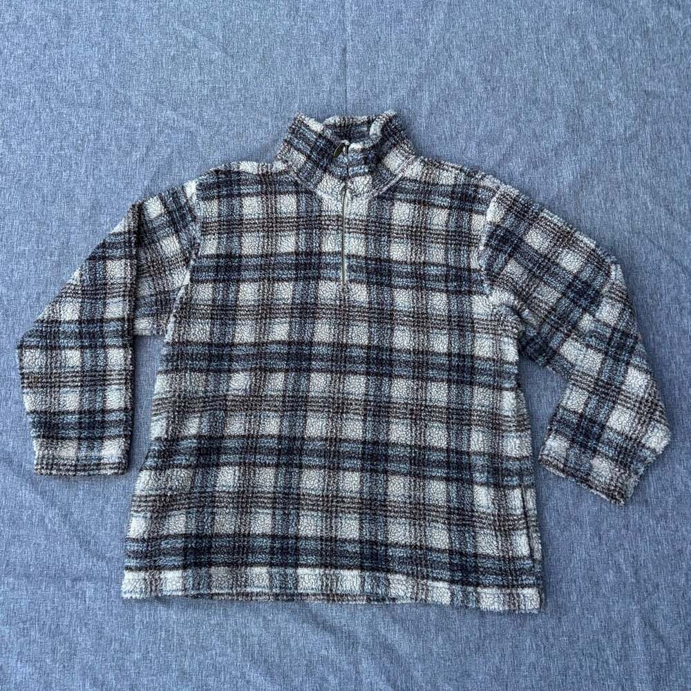 Sherpa Blue Brown Plaid Fleece 1/4 Zip Cotton Lined Pullover Petite